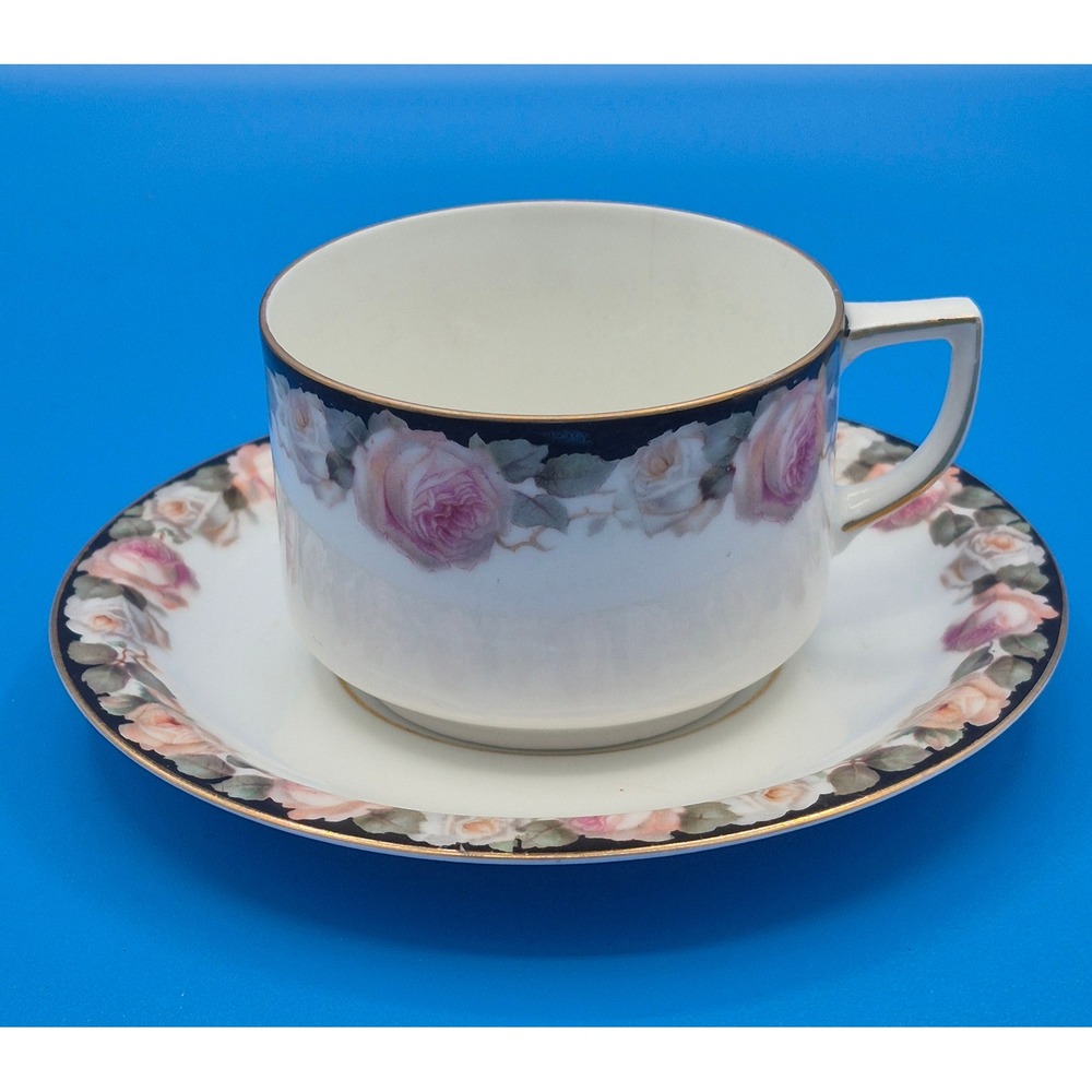 Vintage Bavaria Rose Floral Tea Cup and Saucer Set Navy Blue Gold Trim Porcelain